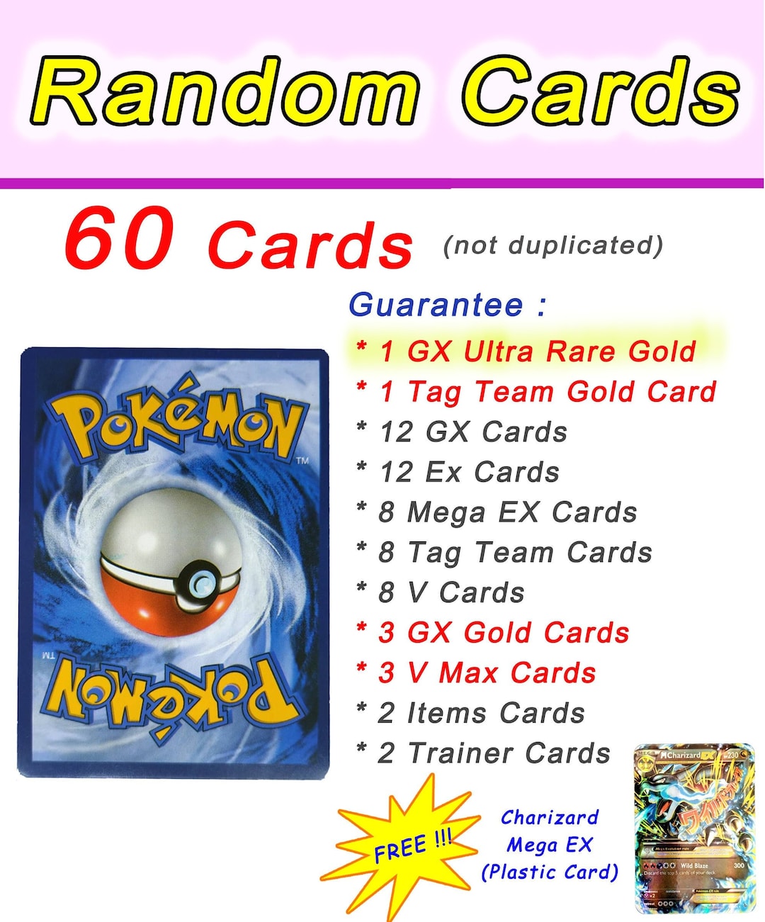 Pokemon Card Set, 60 Random Cards, GX, Tag Team, Mega EX, V, V Max