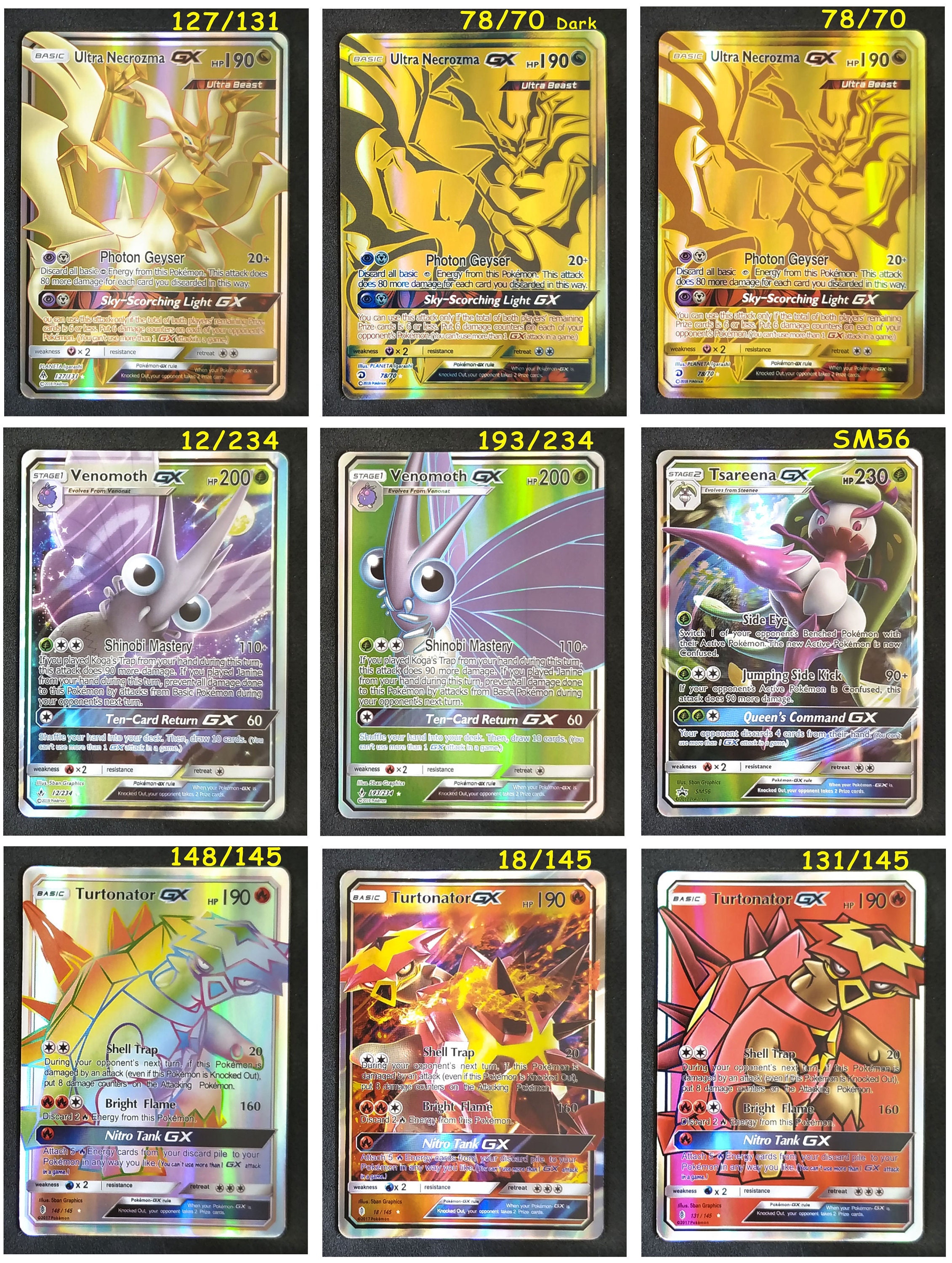 Pokémon Cards: Solgaleo GX (Gold) - Dusk Mane Necrozma GX (Black) - Slugma