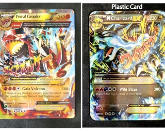 Primal Groudon 86/160 Mega EX Card (Paper Card) with Charizard 69/106 Custom Card (Handmade Plastic Card)