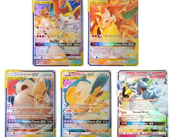 Charizard Braixen, Eevee Snorlax, Alolan Ninetales Set of 5 Premium Shining Cards Series- Tag Team, GX (Paper or Handmade Plastic Card)