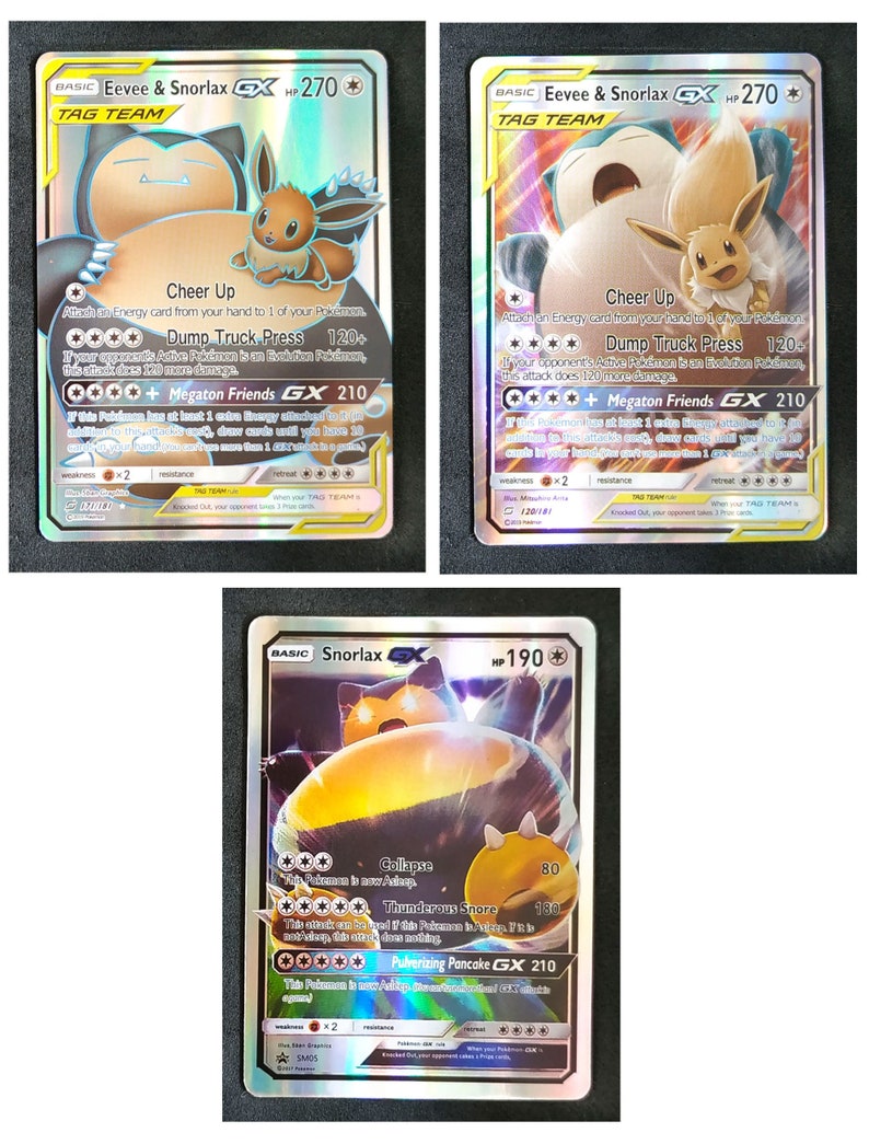 Eevee Snorlax Set of 3 Cards Tag Team Card, GX Card Custom Card Set
