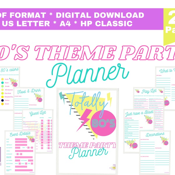 80's Themed Printable Party and Event Planner, Decades Party, Menu Planner, Retro 80's Party Ideas, 80's Nostalgia, 80's Birthday Party
