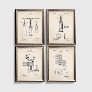 Wine Bar Wall Art Set | Wine Press, Corkscrew, Wine Bottle & Wine Rack Patent Prints | Vintage Wine Art | Set of 4 Physical Prints