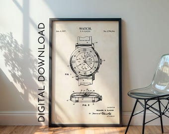 Impresión de patente de reloj / Arte de pared de reloj vintage / DESCARGA DIGITAL / 1163V