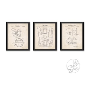 Basketball Patent Wall Art Set | 3 Unframed Prints | Basketball, Basketball Hoop and Court Patent Prints