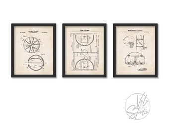 Basketball Patent Wall Art Set | 3 Unframed Prints | Basketball, Basketball Hoop and Court Patent Prints