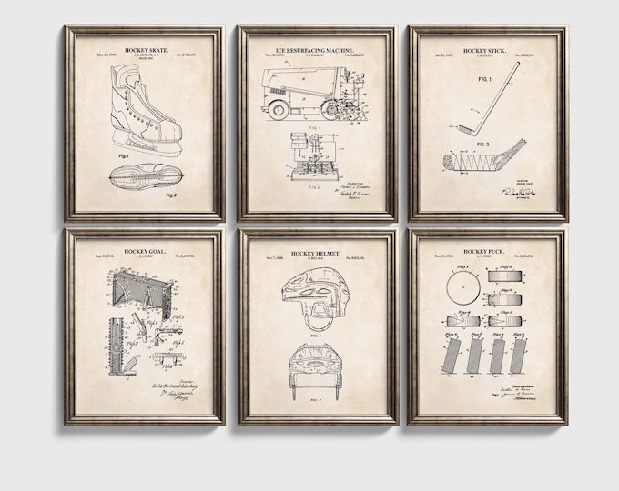 Hockey Patent Set | Stick, Skate, Puck, Goal, Helmet & Resurfacing Machine | Ready to Frame Prints