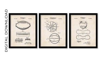 Baseball, Football, and Basketball Patent Print Wall Art | Vintage Gallery Wall Set of 3 | PRINTABLE DIGITAL DOWNLOAD