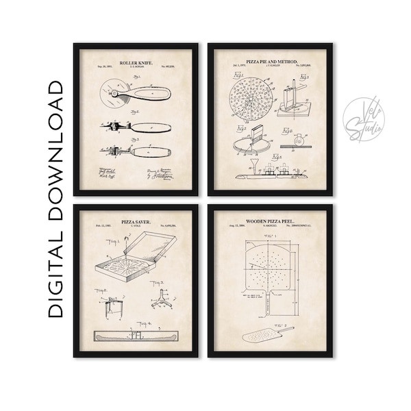 Pizza Wall Art | Set of 4 Prints | Pizza Saver, Pizza Pie, Roller Knife and Pizza Peel Patent Prints |  PRINTABLE DIGITAL DOWNLOAD