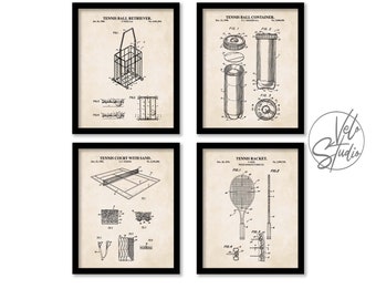 Tennis Patent Wall Art Set | 4 Unframed Art Prints | Tennis Ball Retriever, Tennis Ball Container, Court with Sand and Tennis Racket Patents