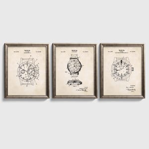Vintage Watch Patent Wall Art | Patent Prints for 3 Different Watches | Watch Artwork | Set of 3 Physical Prints