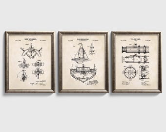 Nautical Patent Art Set - Telescope, Sail Rigging and Ship&#39;s Wheel - Coastal Wall Décor - Vintage Maritime Prints - Set of 3 Physical Prints