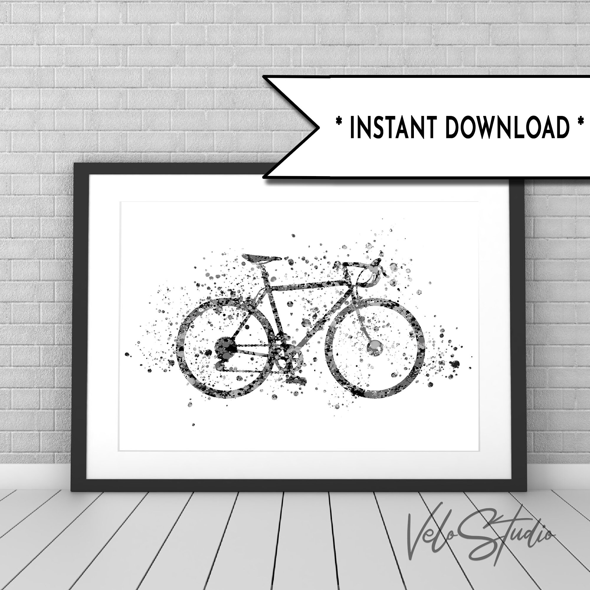Bike Watercolor Print Black and White Art Digital Download Bicycle Wall ...