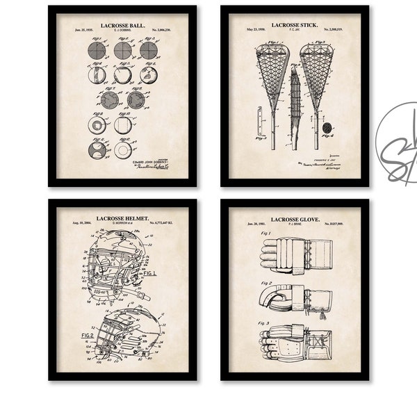 Lacrosse Patent Art Set | 4 Unframed Prints | Lacrosse Ball, Stick, Glove and Helmet Patent Prints | Lacrosse Wall Art Gift