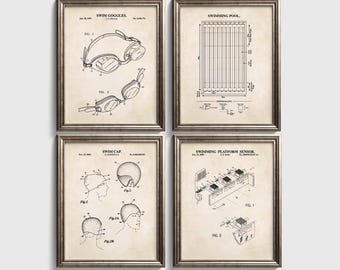 Swimming Wall Art Set  | Swimming Pool Diagram, Goggles, Swimming Platform Sensor & Swim Cap Patent Prints | Set of 4 Physical Prints