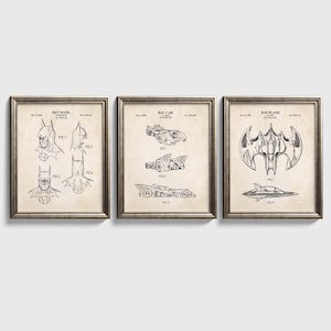 Bat Superhero Patent Wall Art Set | Retro Comic Man Movie Bat Themed Patent Prints | Unframed Set of 3 Physical Prints