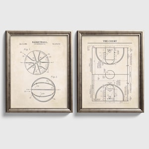 Basketball Patent Art Set | Basketball Court and Basketball Patent Prints | Basketball Wall Art | Set of 2 Physical Prints