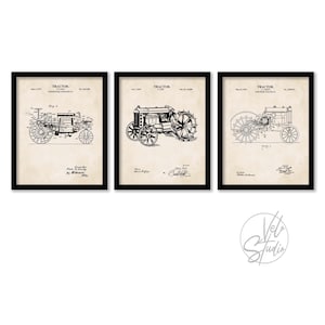 Vintage Farm Tractor Wall Art Set | 3 Unframed Prints | Antique Tractor Patent Prints