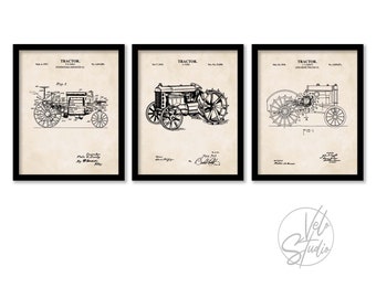 Vintage Farm Tractor Wall Art Set | 3 Unframed Prints | Antique Tractor Patent Prints