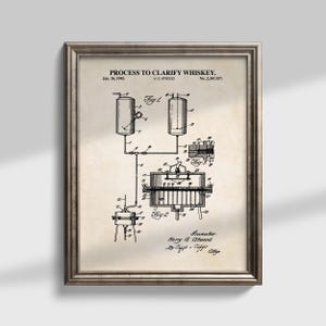 May include: Framed vintage patent print titled "Process to Clarify Whiskey" by H.G. Atwood, dated January 16, 1945. The black and white diagram shows a detailed illustration of the whiskey clarification process, including tanks, pipes, and machinery. The print is in a silver frame.