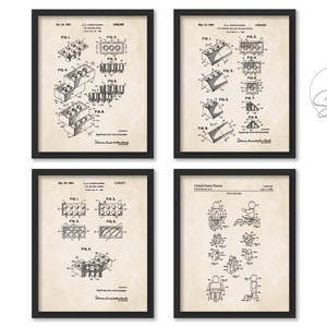 Vintage Toy Brick Patent Print Set  | 4 Unframed Prints  |  Set includes: 3 Prints of Different Toy Block patents and 1 Toy Figure Patent