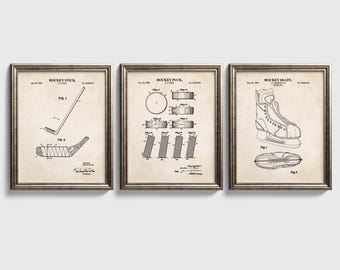 Hockey Patent Wall Art Set | Stick, Skate and Puck | Ready to Frame Prints