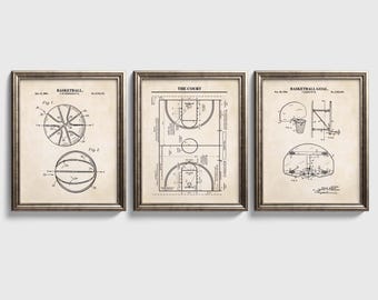 Basketball Patent Wall Art Set | Basketball, Basketball Hoop and Court Patent Prints | Set of 3 Physical Prints