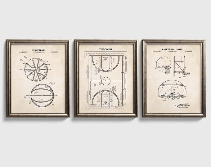 Basketball Patent Wall Art Set | Basketball, Hoop and Court | Ready to Frame Prints