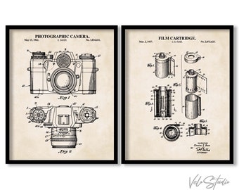 Vintage Film Camera Patent Wall Art Set | 2 Unframed Prints | Set Includes Photographic Camera and Film Cartridge Patent Prints
