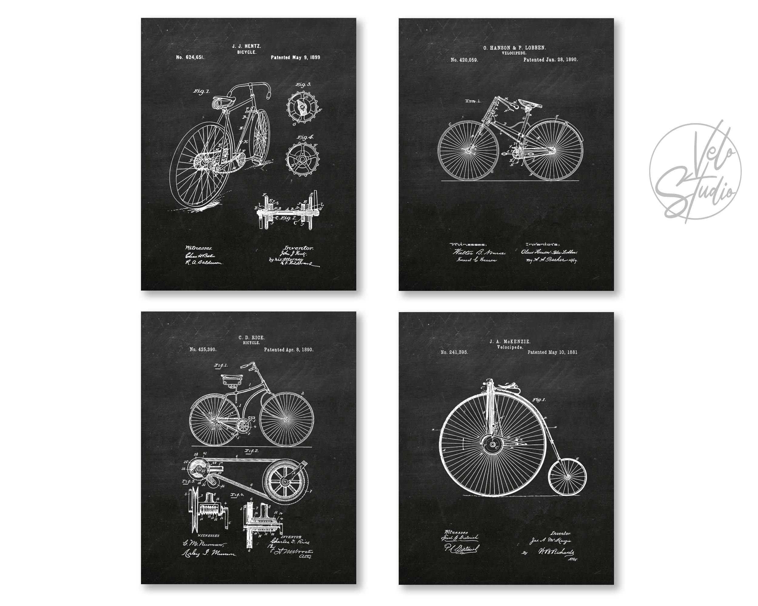 Vintage Bike Wall Art Set of 4 Prints Velocipede and Bicycle Patent