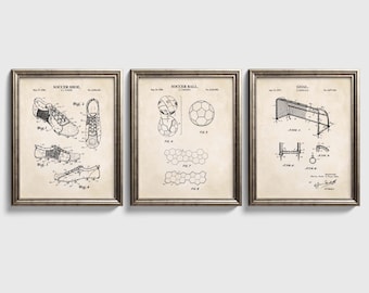 Soccer Patent Wall Art Set | Goal, Shoe and Ball | Ready to Frame Prints