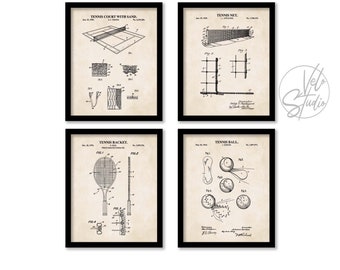Tennis Wall Art | Patent Prints of Tennis Racket, Tennis Court, Tennis Ball and Tennis Net | Set of 4 Unframed Prints