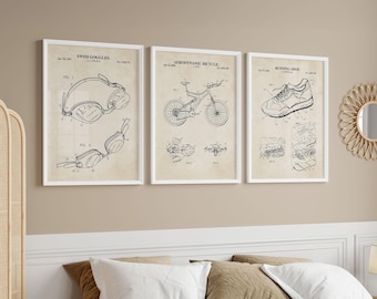 Conjunto de arte mural de triatlón / Impresiones de patentes de gafas de natación, bicicleta aerodinámica y zapatillas de running / DESCARGA DIGITAL