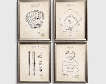Baseball Patent Print Wall Art  | Baseball Field Diagram, Baseball Bat, Baseball Glove and Baseball Patent Prints | Set of 4 Physical Prints