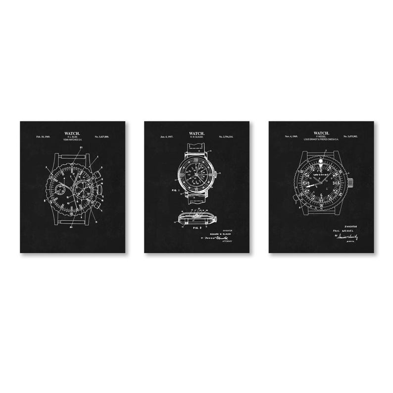 Vintage Watch Patent Wall Art | Set of 3 | Ready to Frame Prints Chalkboard