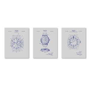 Vintage Watch Patent Wall Art | Set of 3 | Ready to Frame Prints Gray & Navy