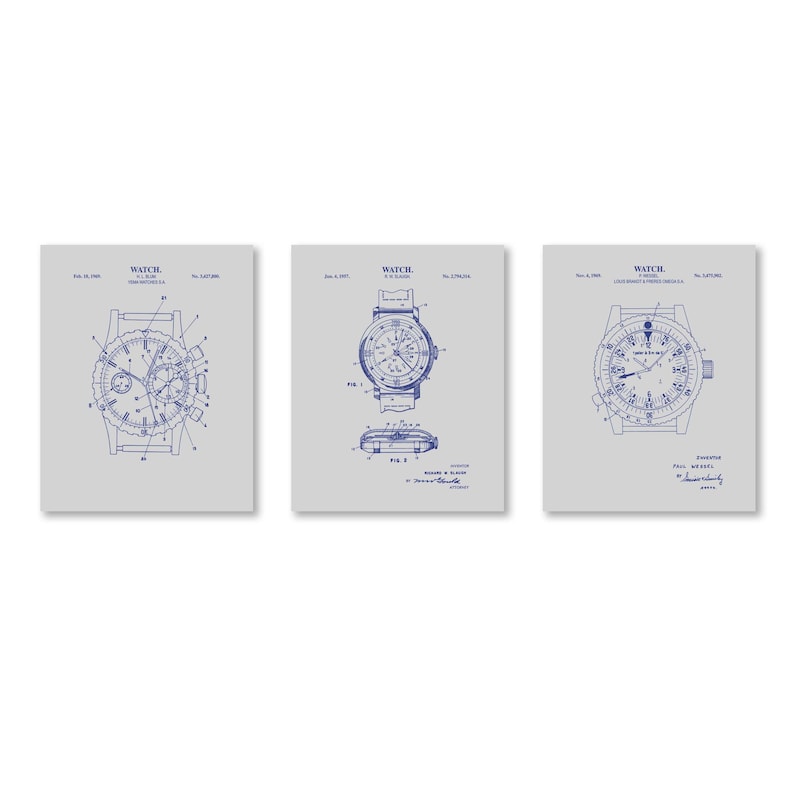 Vintage Watch Patent Wall Art | Set of 3 | Ready to Frame Prints Gray & Navy
