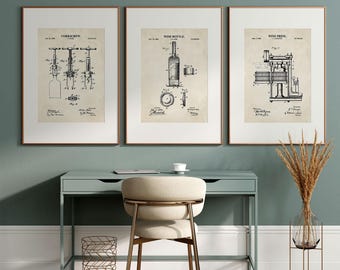 Wine Wall Art Set |  Bottle, Wine Press and Corkscrew Prints | DIGITAL DOWNLOAD