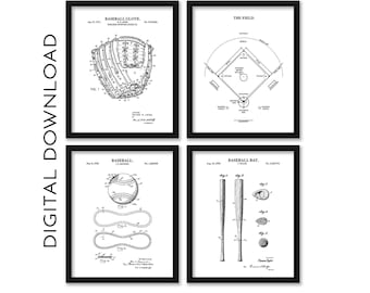 Baseball Wall Art | Baseball Field Diagram, Baseball Bat, Baseball Glove, Baseball Patent Prints | Black & White PRINTABLE DIGITAL DOWNLOAD