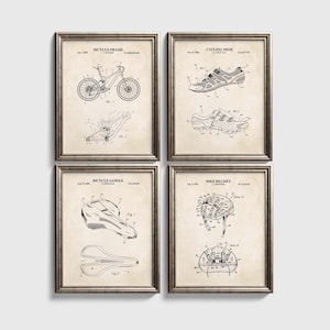 Mountain Bike Patent Wall Art  |  Bike Frame, Saddle, Helmet and Cycling Shoes Patent Art | Set of 4 Physical Prints