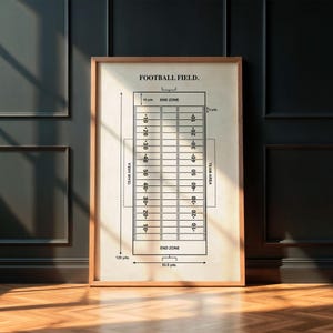 Könnte beinhalten: Ein gerahmter Druck mit einer Darstellung eines Footballfelds. Das schwarz-weiße Diagramm zeigt Yard-Linien und den Text "FOOTBALL FIELD". Die Feldabmessungen sind in Yards angegeben. Der Rahmen ist hellbraun. Das Feld ist 109,7 Meter lang und 48,9 Meter breit.
