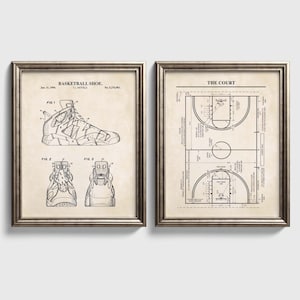 Basketball Patent Wall Art Set | Basketball Shoe and Basketball Court Patent Prints | Basketball Wall Decor | Set of 2 Physical Prints