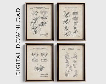 Gelakte muurkunstset speelgoedbaksteen | 4 prints, meerdere maten | Vintage achtergrond | DIGITALE DOWNLOAD