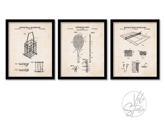 Vintage Tennis Patent Wall Art Set | 3 Unframed Prints | Tennis Racket, Tennis Ball Retriever and Tennis Court Patent Prints