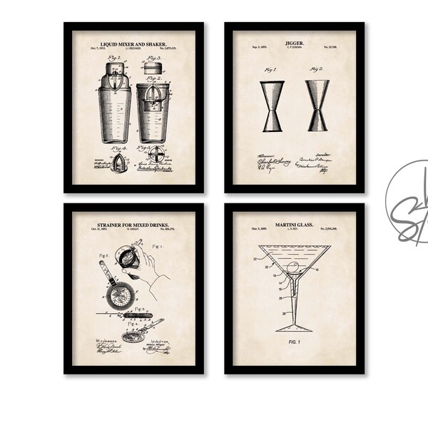 Retro Cocktail Bar Patent Wall Art Set | 4 Unframed Prints | Cocktail Shaker, Jigger, Drink Strainer and Martini Glass Patent Prints