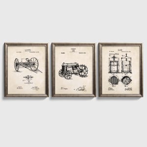 Vintage Farm Equipment Wall Art Set | Antique Tractor, Cider Press & Horse Hay Rake Patent Prints | Set of 3 Physical Prints