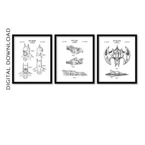 Bat Superhero Patent Print Wall Art | Comic Movie Bat Themed Prints | Black and White Gallery Wall Set of 3 | PRINTABLE DIGITAL DOWNLOAD
