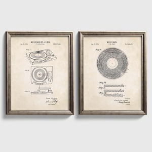 Vintage Vinyl Record Wall Art | Vinyl Record and Record Player Patent Prints | Music Room Decor | Set of 2 Physical Prints