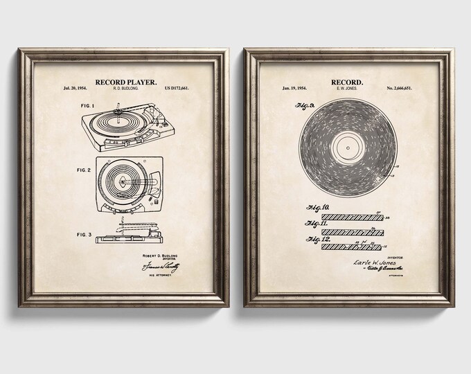 Vinyl Record Patent Wall Art Set | Record and Player | Ready to Frame Prints