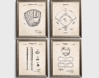 May include: A set of four framed patent prints on aged parchment paper featuring black ink illustrations of baseball equipment. The prints display technical diagrams of a baseball glove, a baseball field, a baseball bat, and a baseball with text.